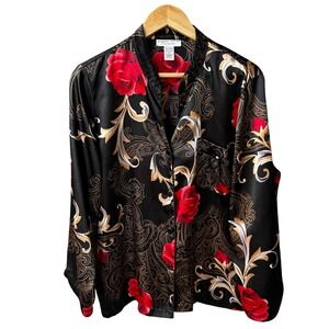 Morgan Taylor Blouse Top Intimates Black Satin Red Rose Gold Paisley Top Size XL